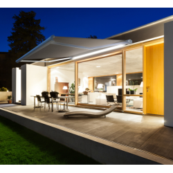Store banne motorisé 5 x 3.5 m Aix2 XL blanc LED, toile acrylique cappuccino