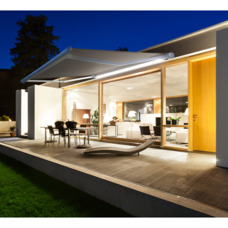 Store banne motorisé 5 x 3.5 m Aix2 XL blanc LED, toile acrylique cappuccino
