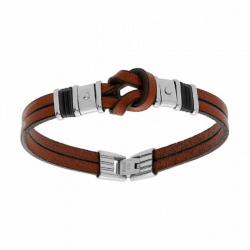 BRACELET ACIER CUIR MARRON AVEC NOEUD ET CORDON NOIR 20,5CM+1,5CM DOUBLE FERMOIR